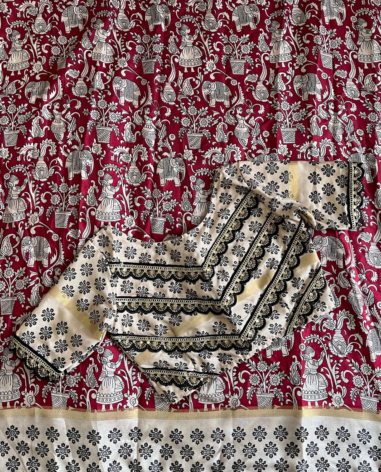Mul mul Cotton Kalakmari saree stitched blouse