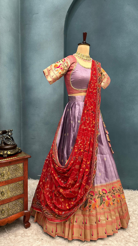 "Elegant Paithani Silk Lehenga Choli Set - Two-Tone Tissue Silk"