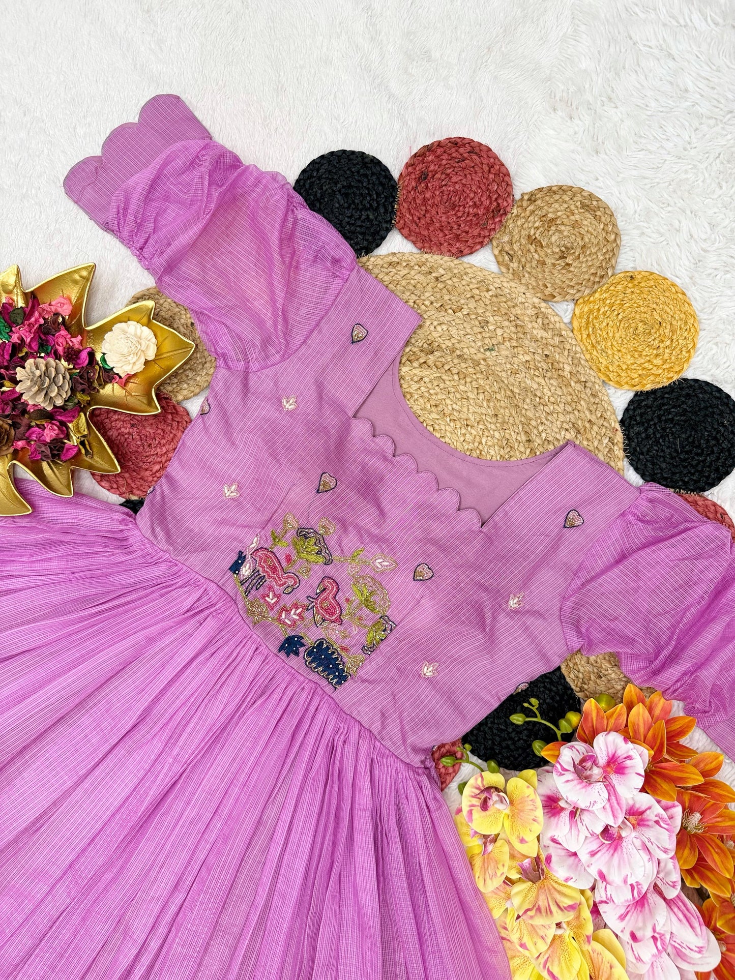 Kora Checks Cotton Maggam work gowns