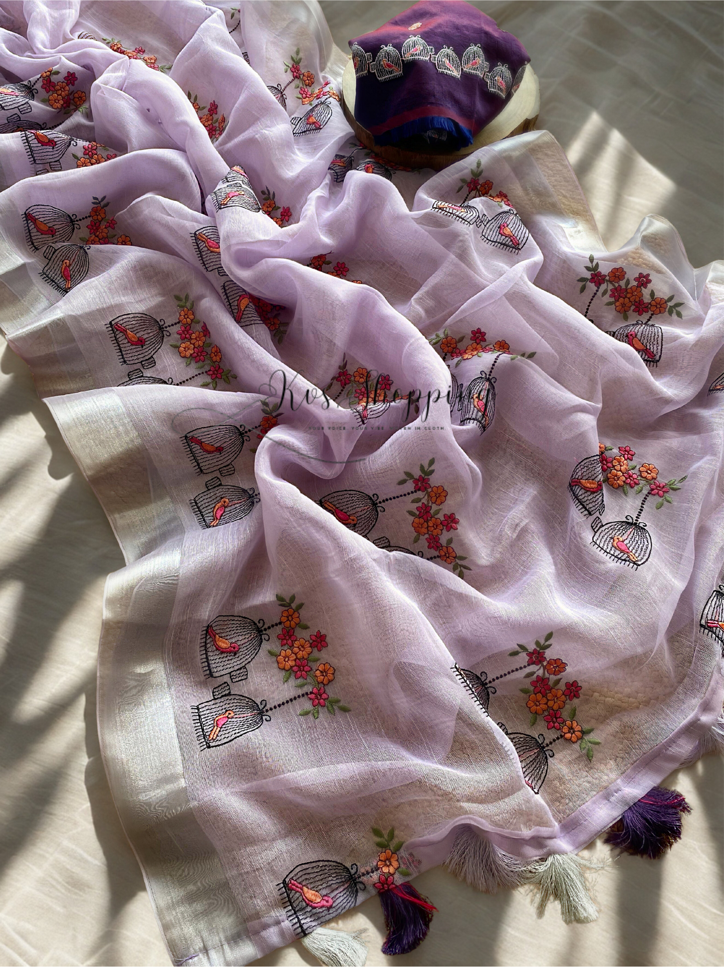Linen Desginer Embroidered Bird sarees budget (Celebrate inspired)