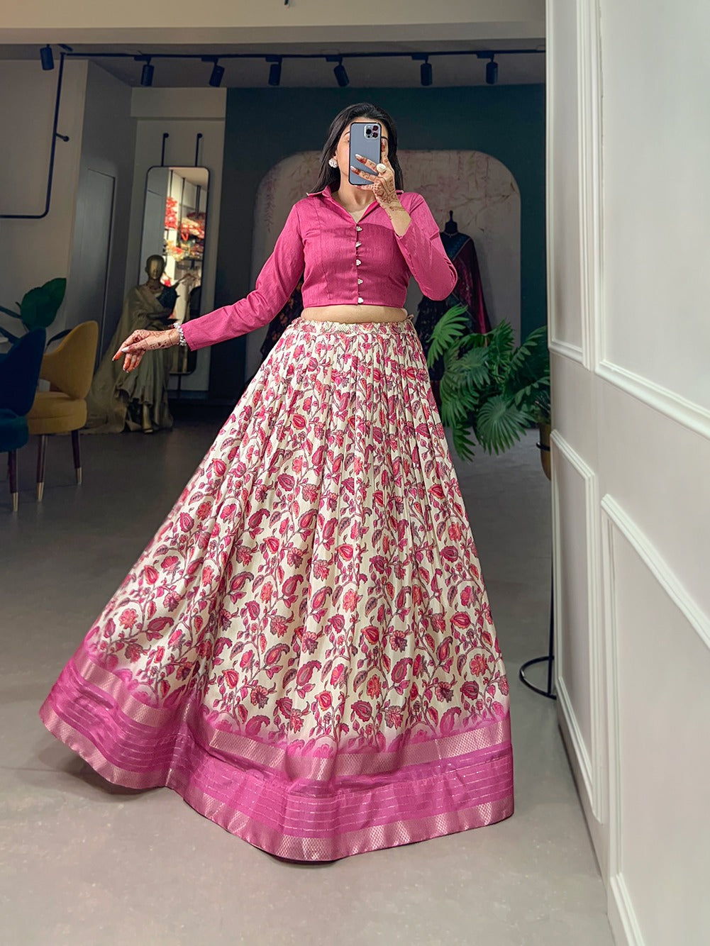 Dola silk Floral Crop Top With Skirt Lehenags