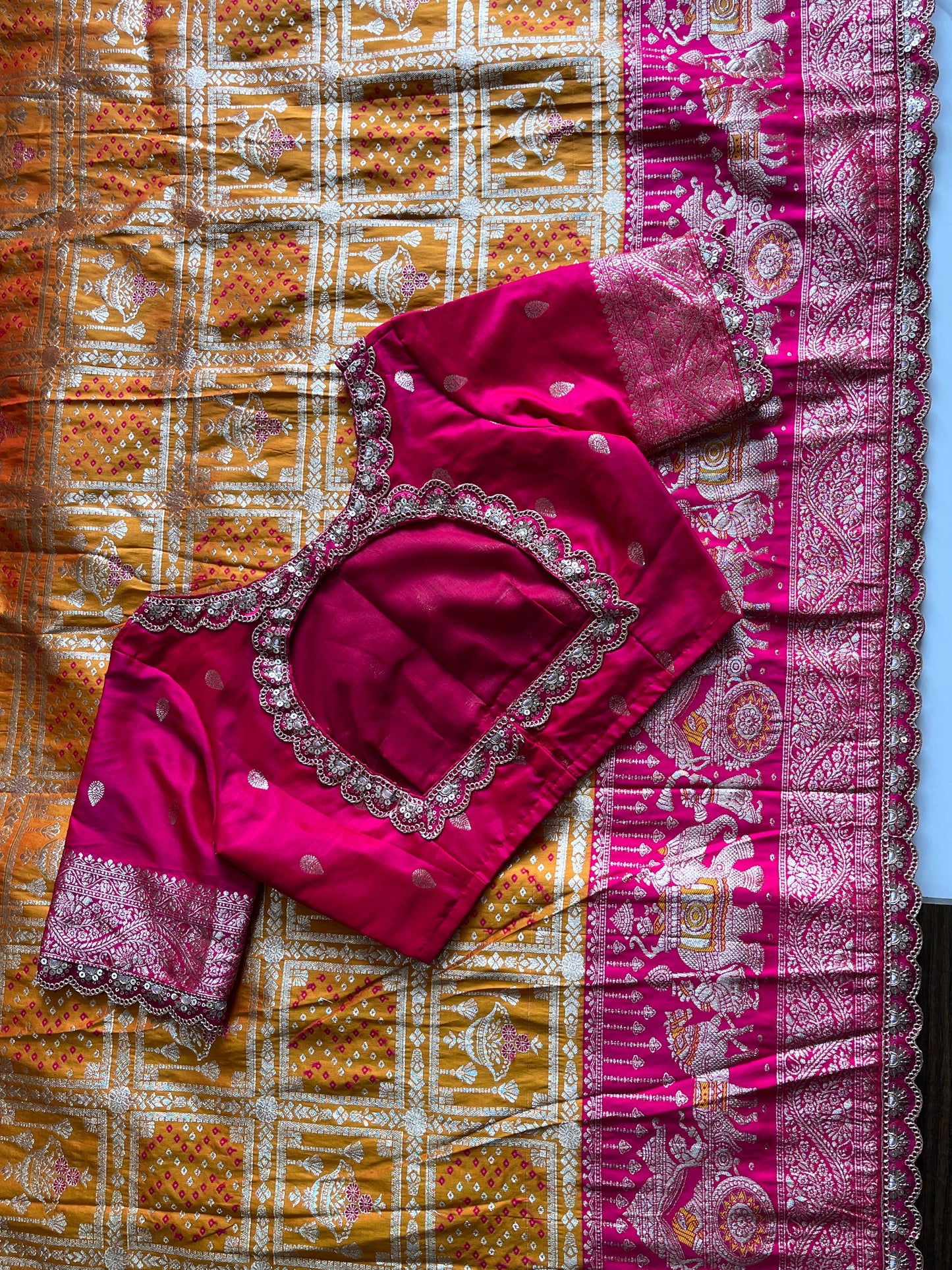 Banarasi Pattu saree with bandhani stitched blouse
