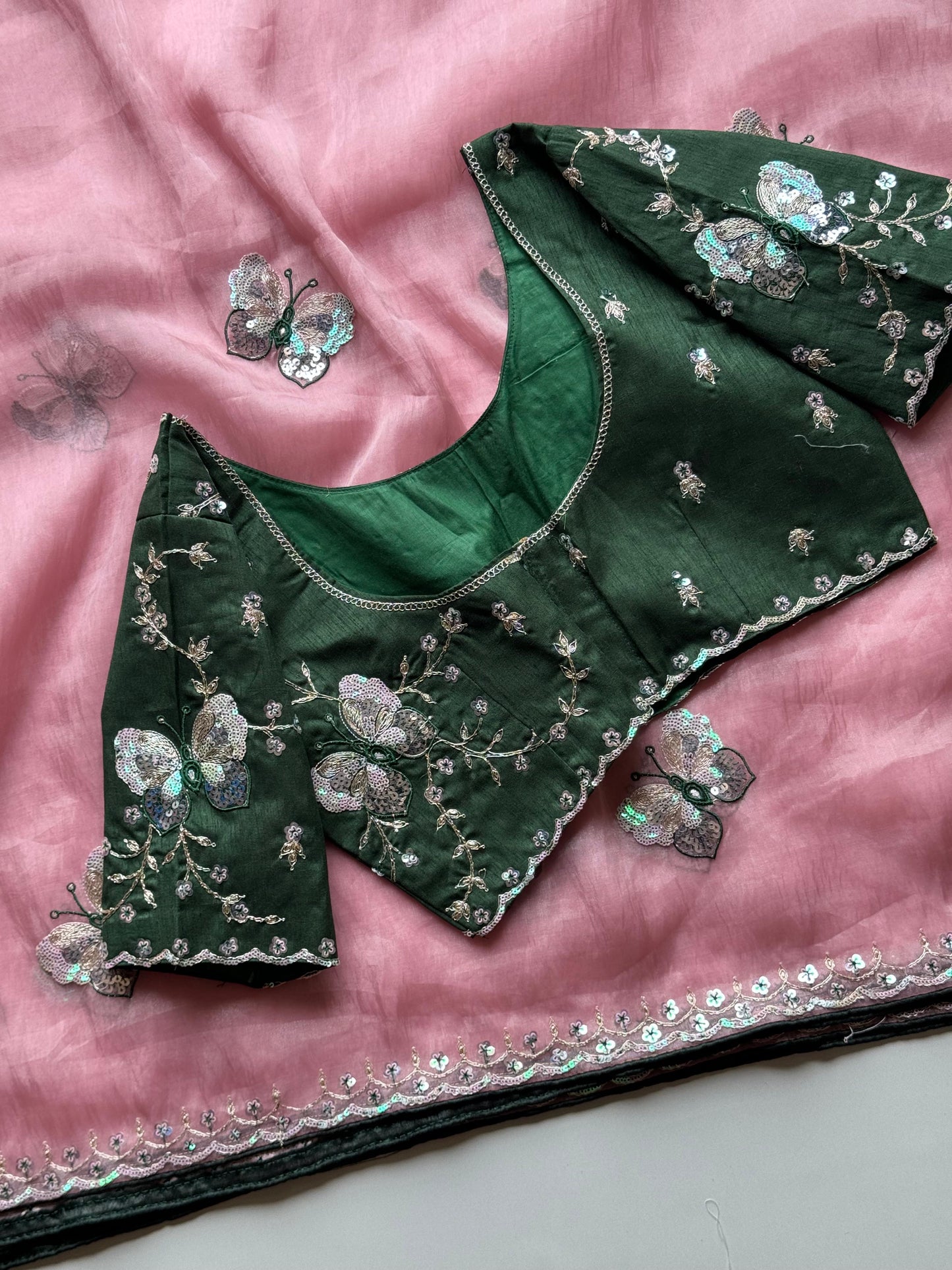 Luxe organza coding saree with stitched blouse