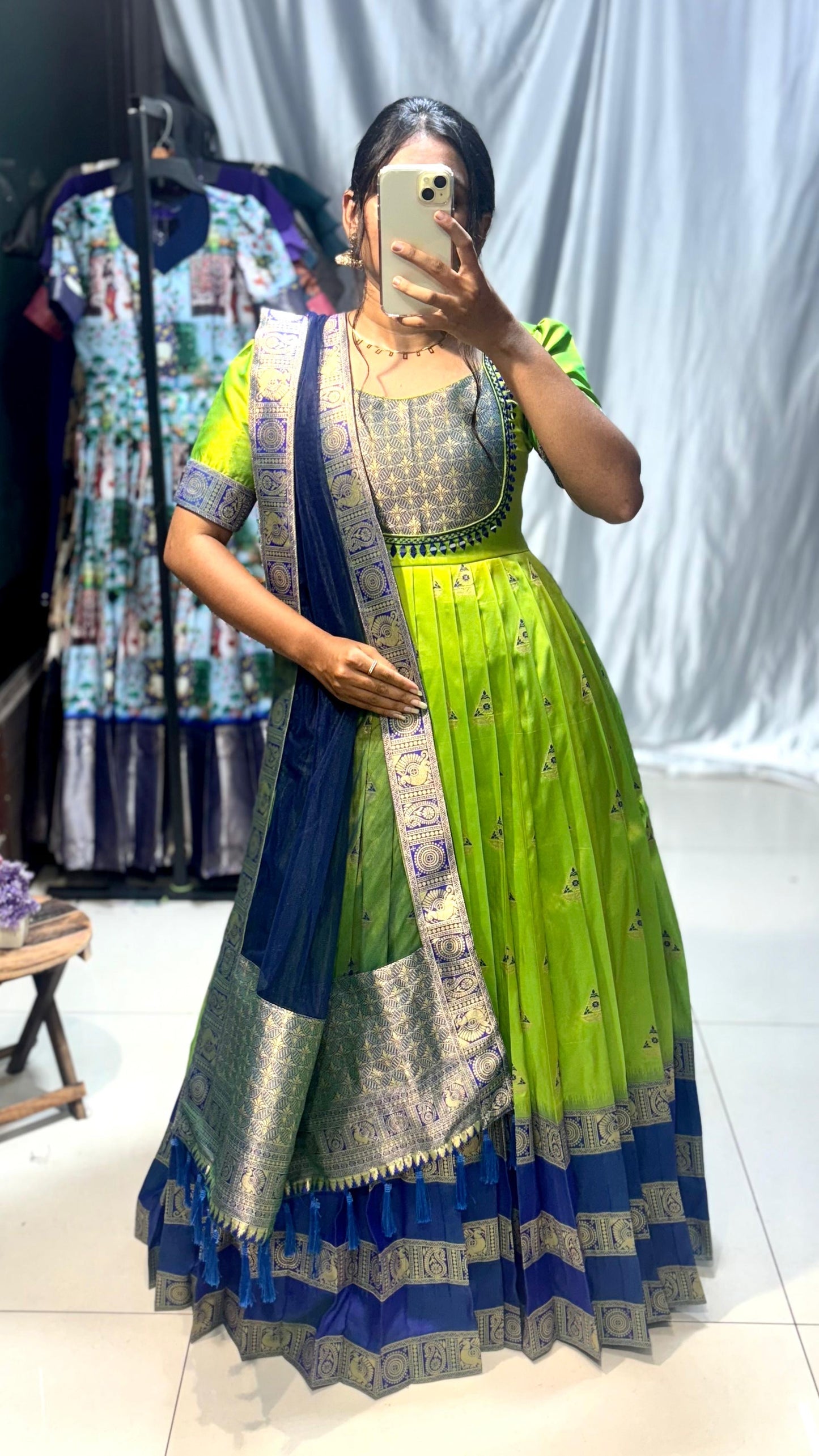 Silk Parrot Green Gown with Dupatta