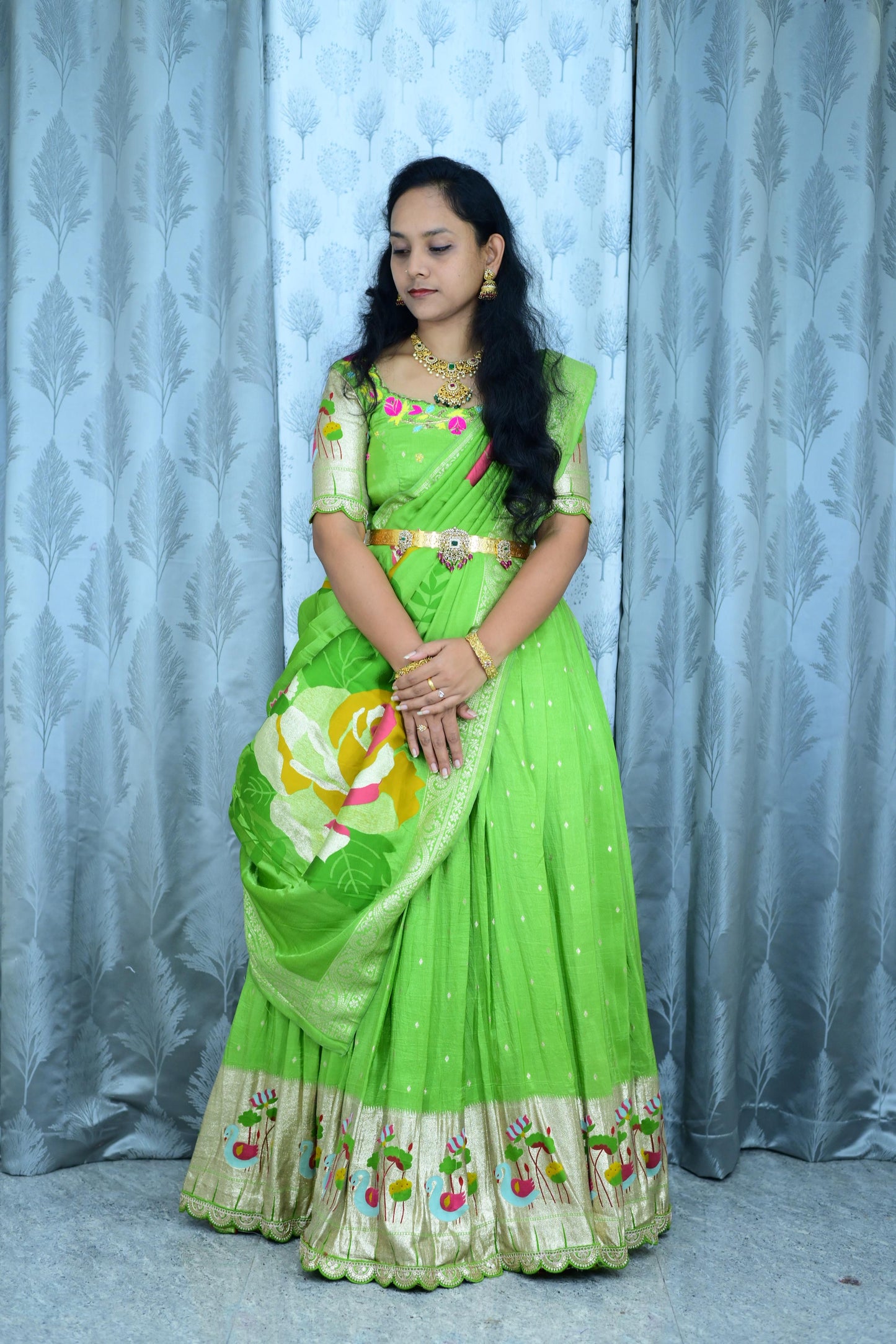 Parrot green paithani maggam lehengas