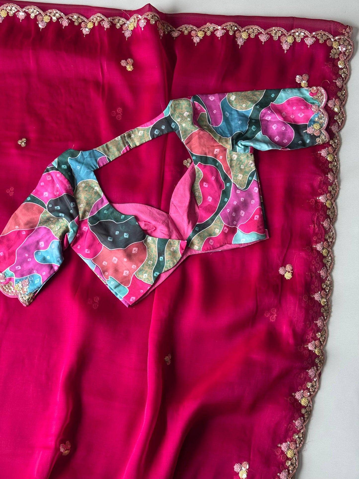 Premium tissue silk saree with coding work & multi colour sequence on all over the saree With Stitched Blouse