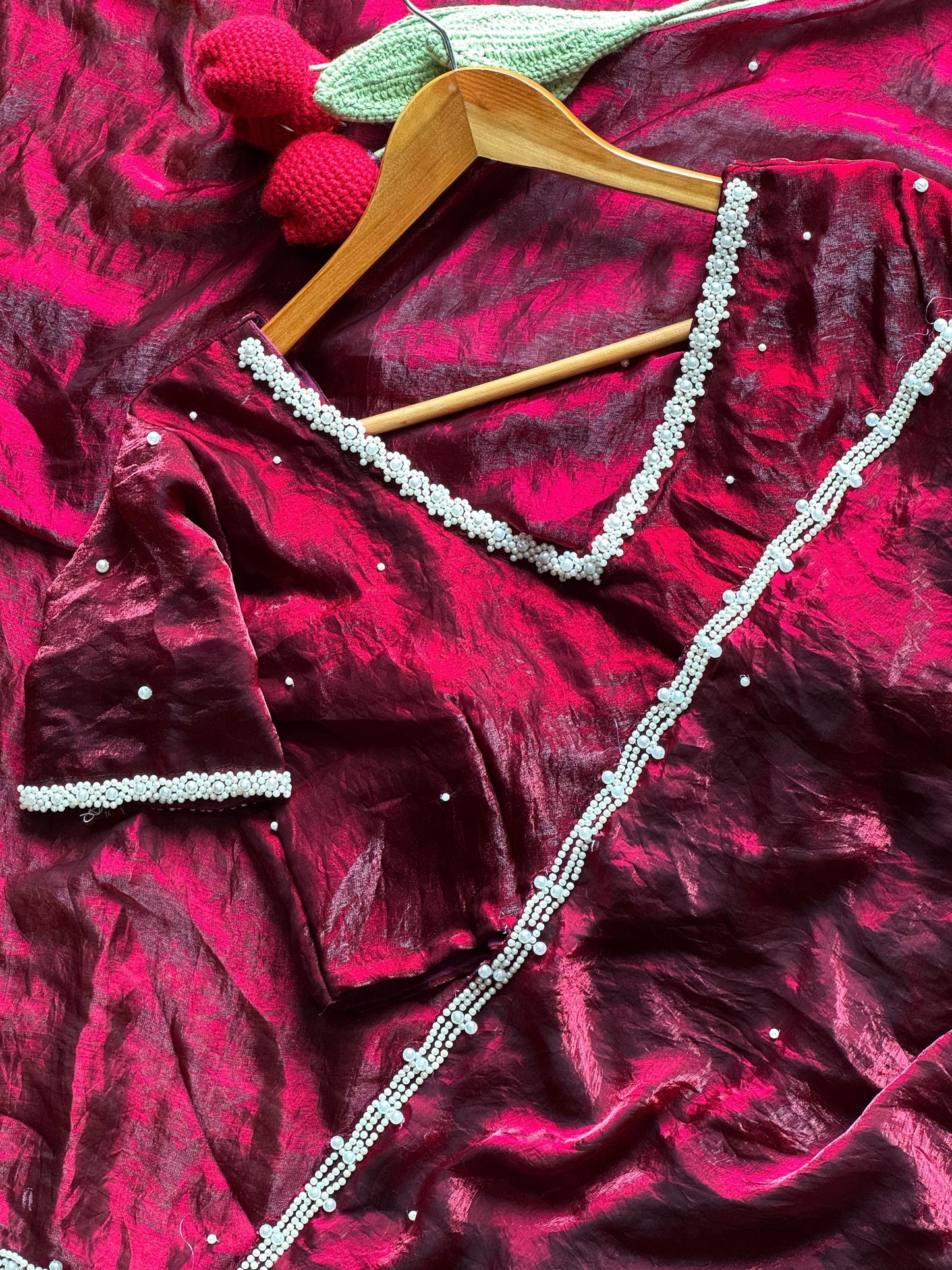 Pearl Work Space Silk Saree with pearl work Stitched Blouse