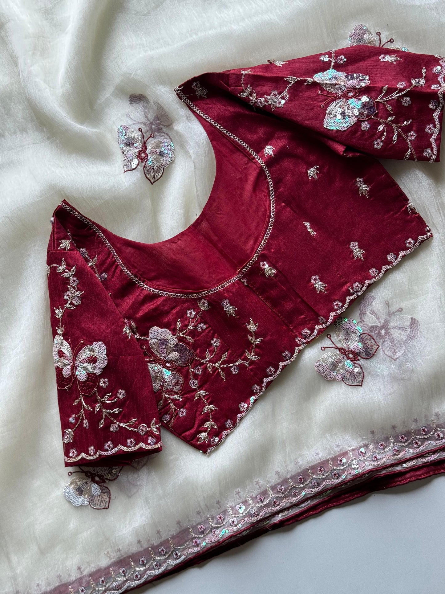 Luxe organza coding saree with stitched blouse