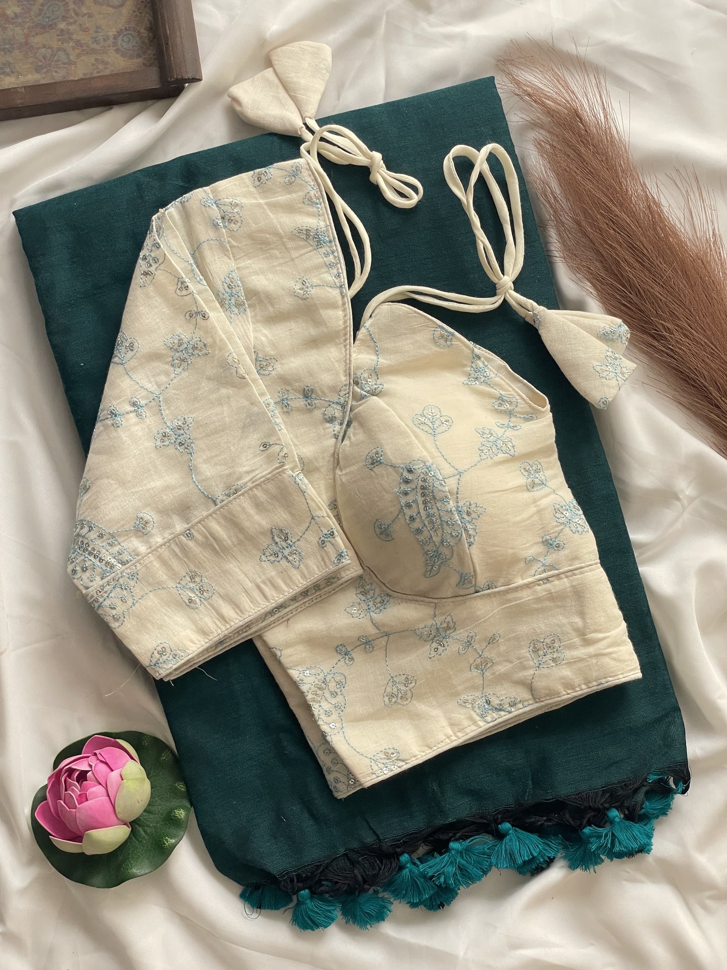 Khadi cotton saree with stitched sequence thread work blouse