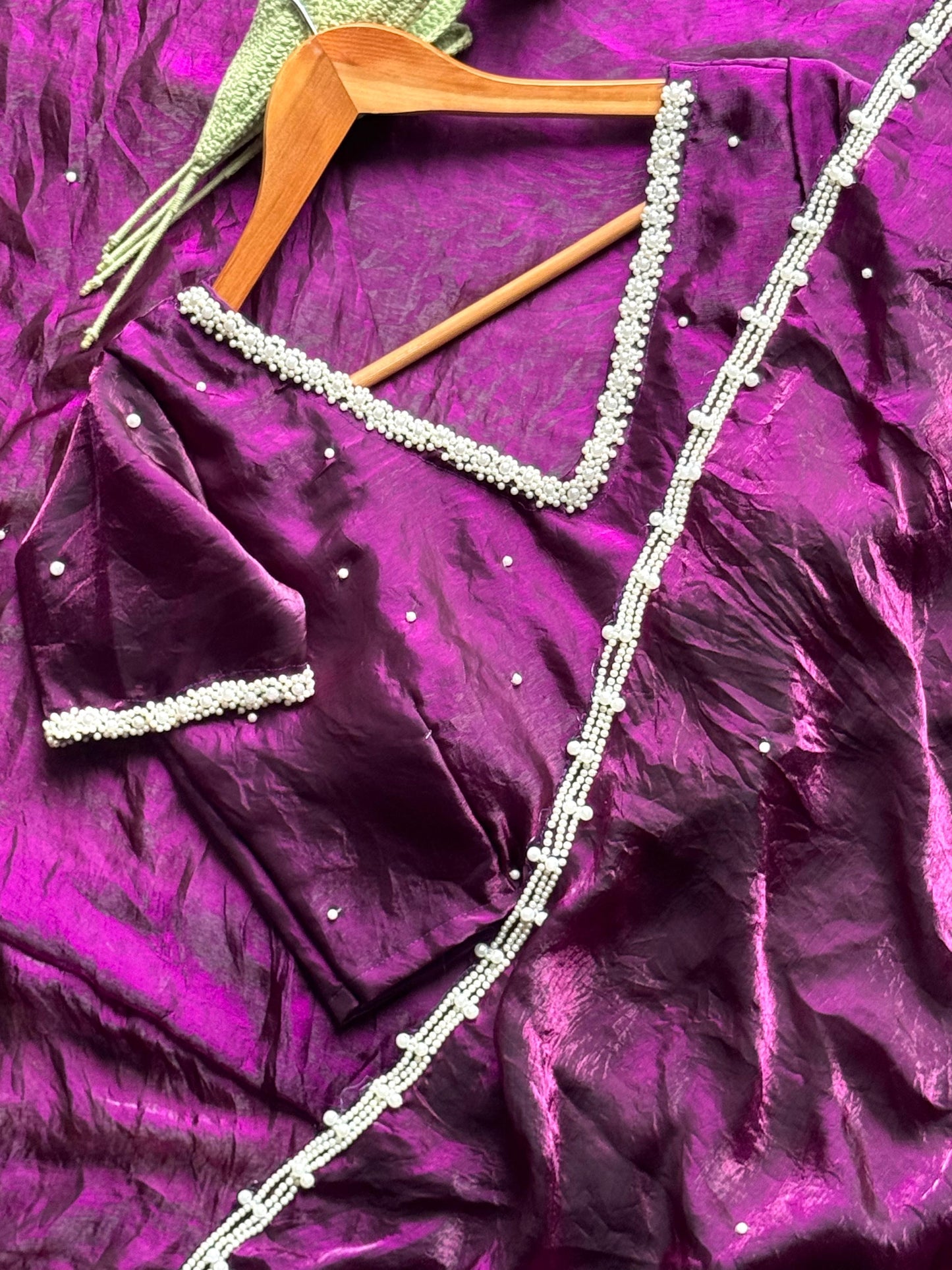 Pearl Work Space Silk Saree with pearl work Stitched Blouse