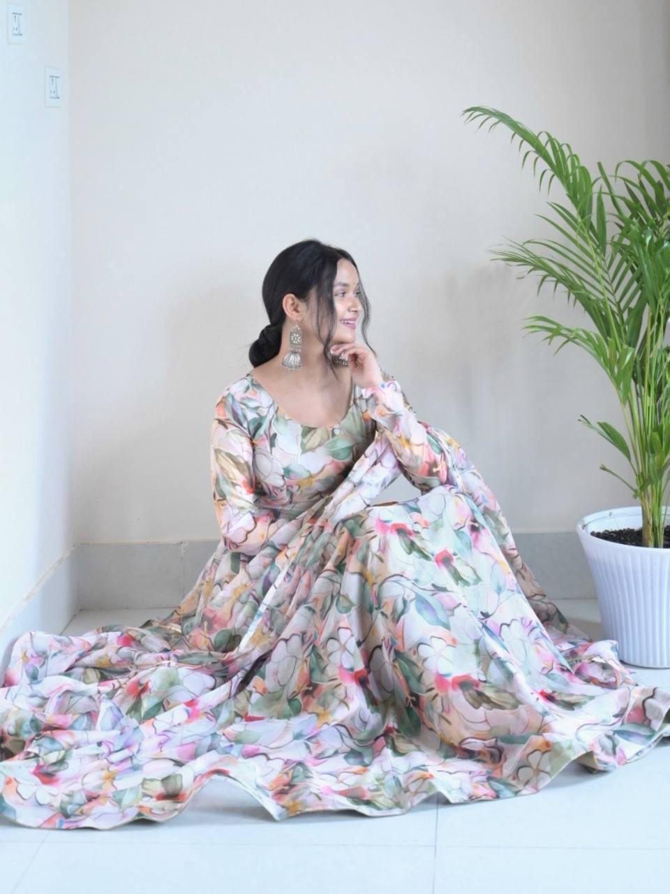 Gown Febrics Organza Taby Silk Heavy Quality Fabric With Digital Print And Full Sleeve