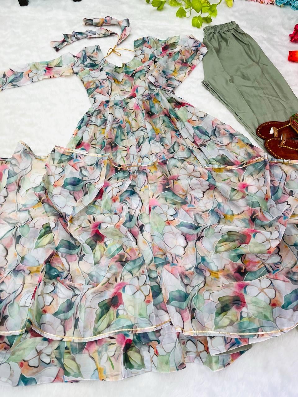 Gown Febrics Organza Taby Silk Heavy Quality Fabric With Digital Print And Full Sleeve