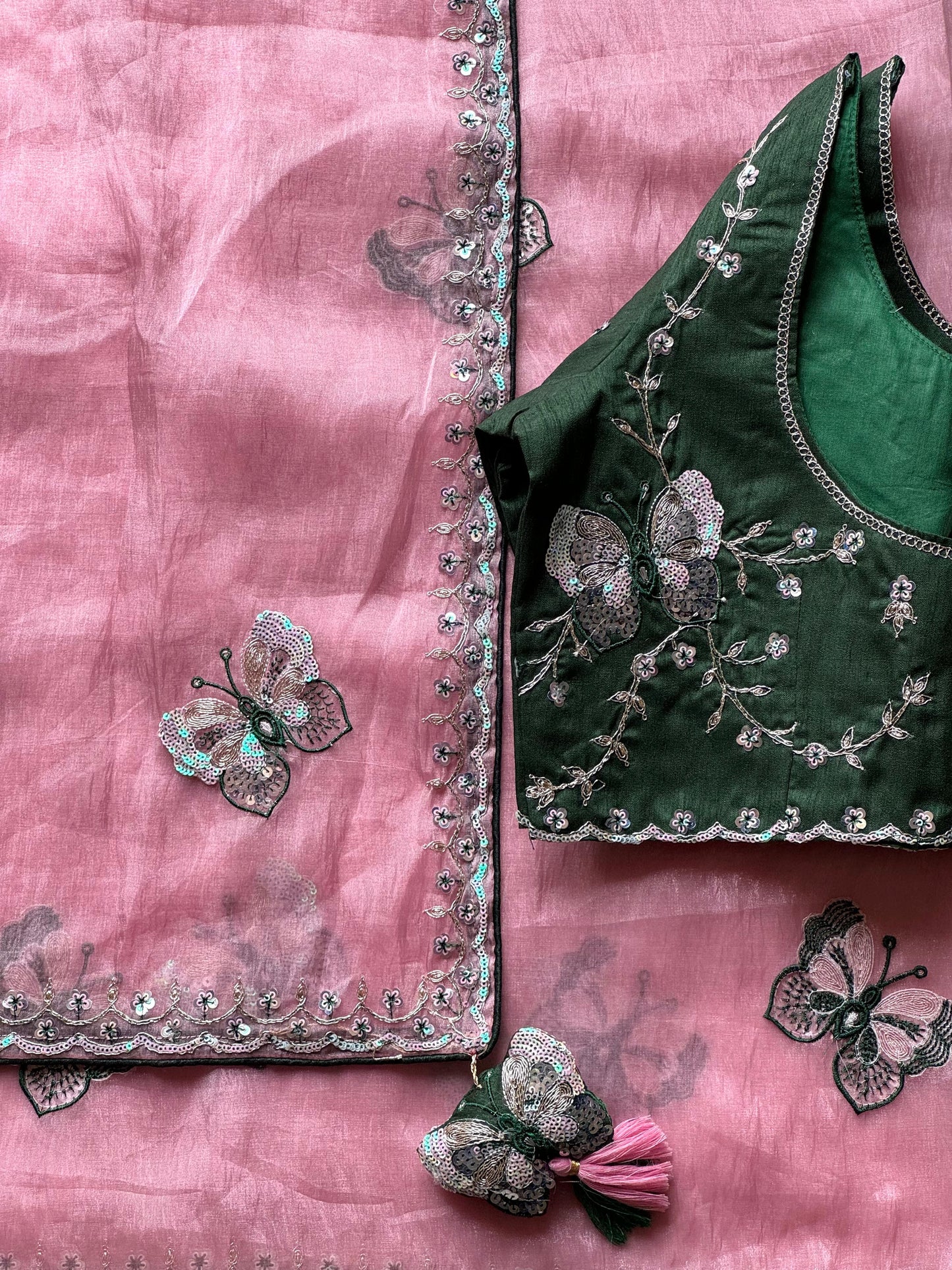 Luxe organza coding saree with stitched blouse