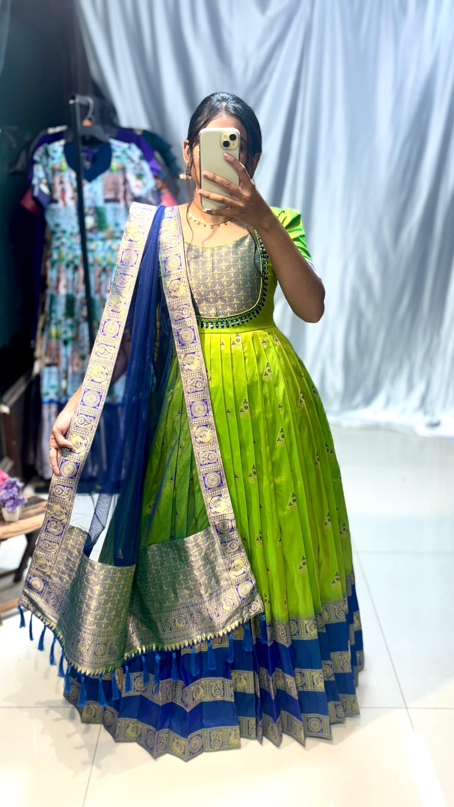 Silk Parrot Green Gown with Dupatta