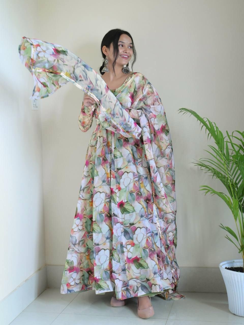 Gown Febrics Organza Taby Silk Heavy Quality Fabric With Digital Print And Full Sleeve