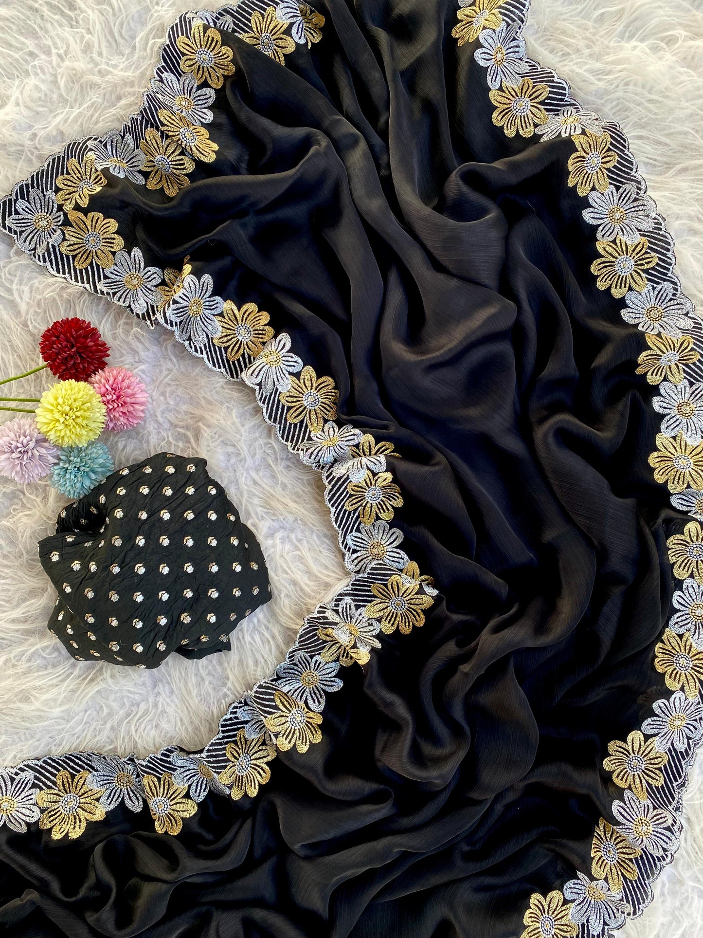 Soft black Banarasi embroidery flower sarees budget