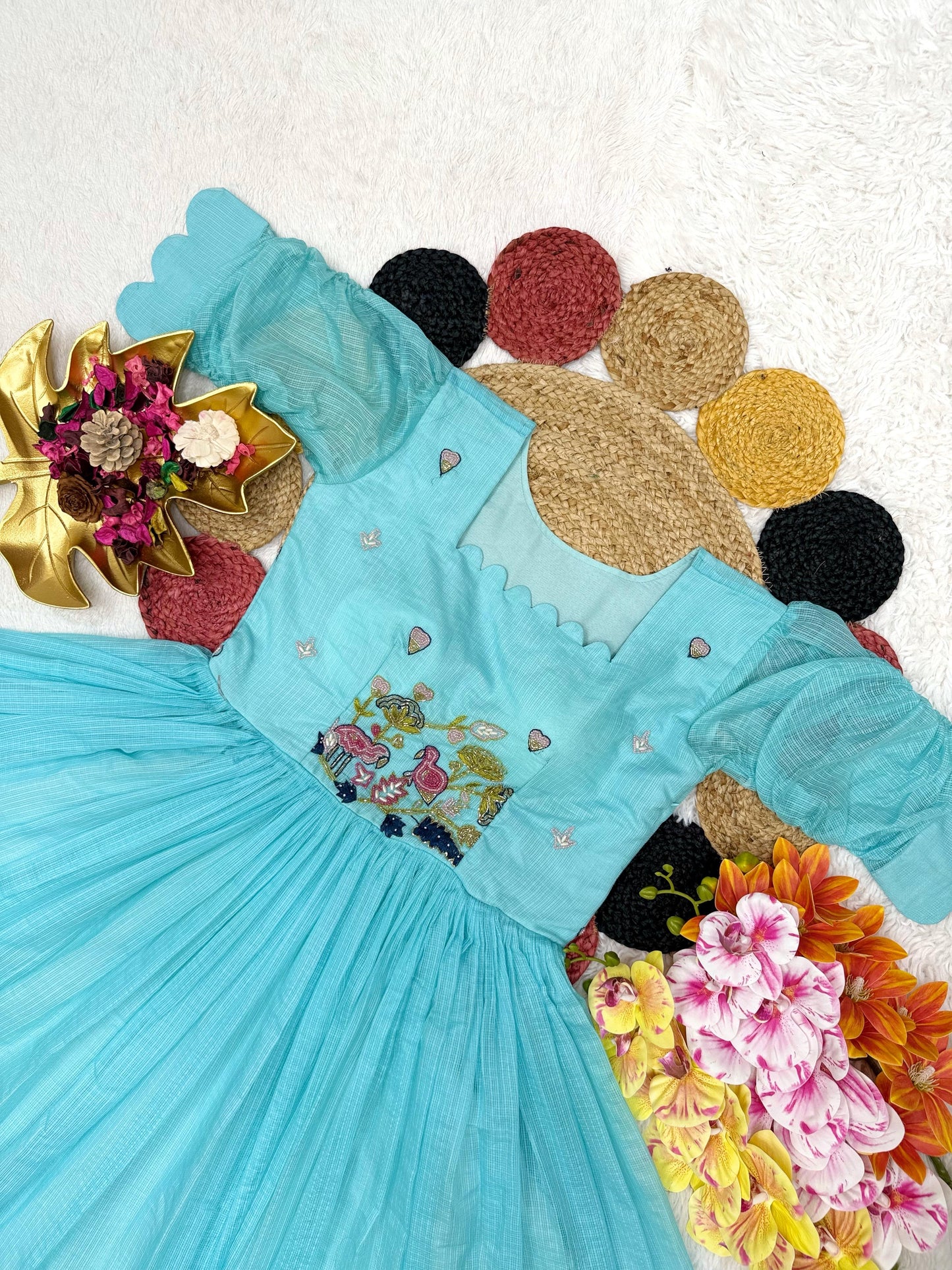 Kora Checks Cotton Maggam work gowns
