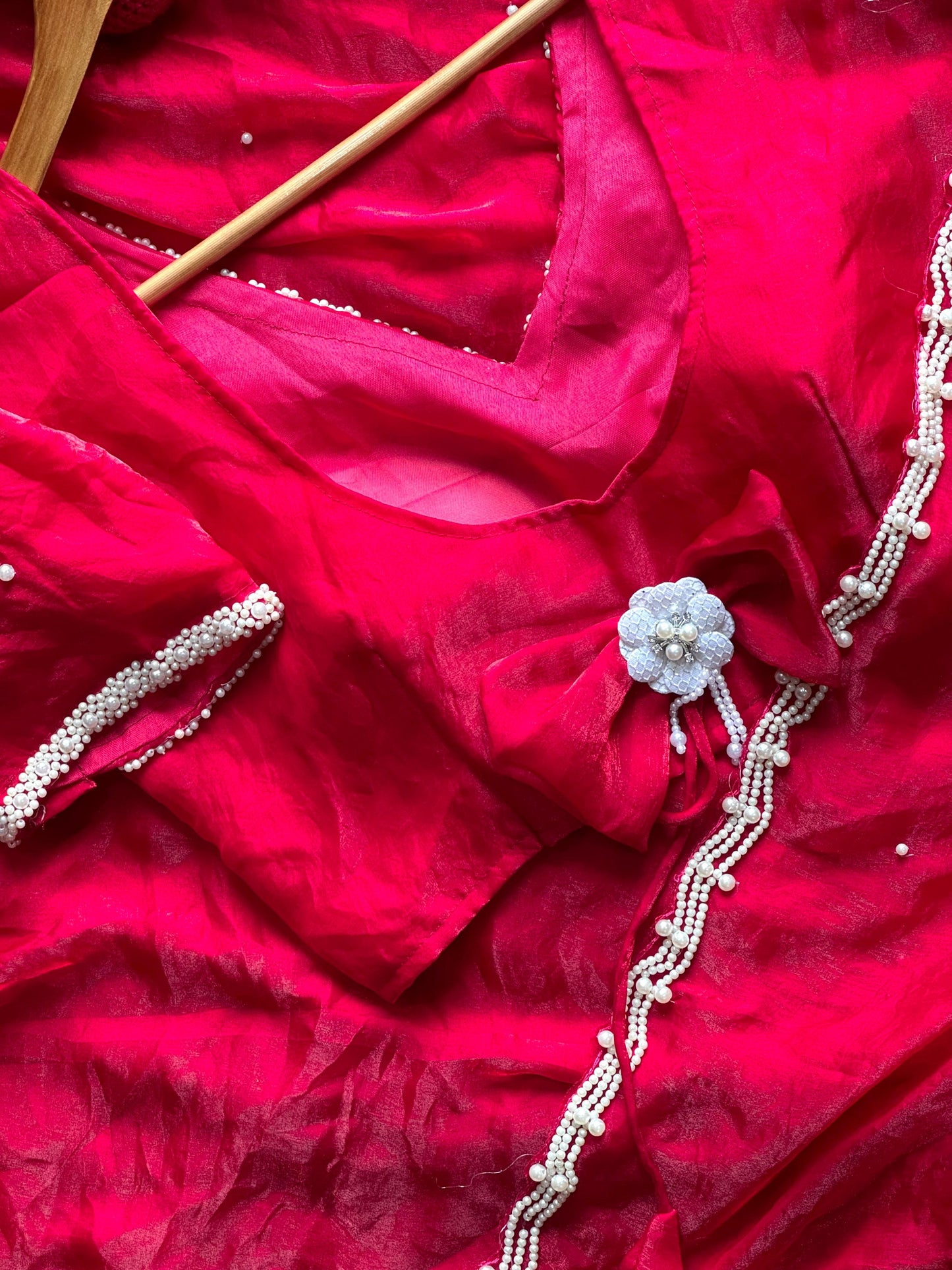 Pearl Work Space Silk Saree with pearl work Stitched Blouse