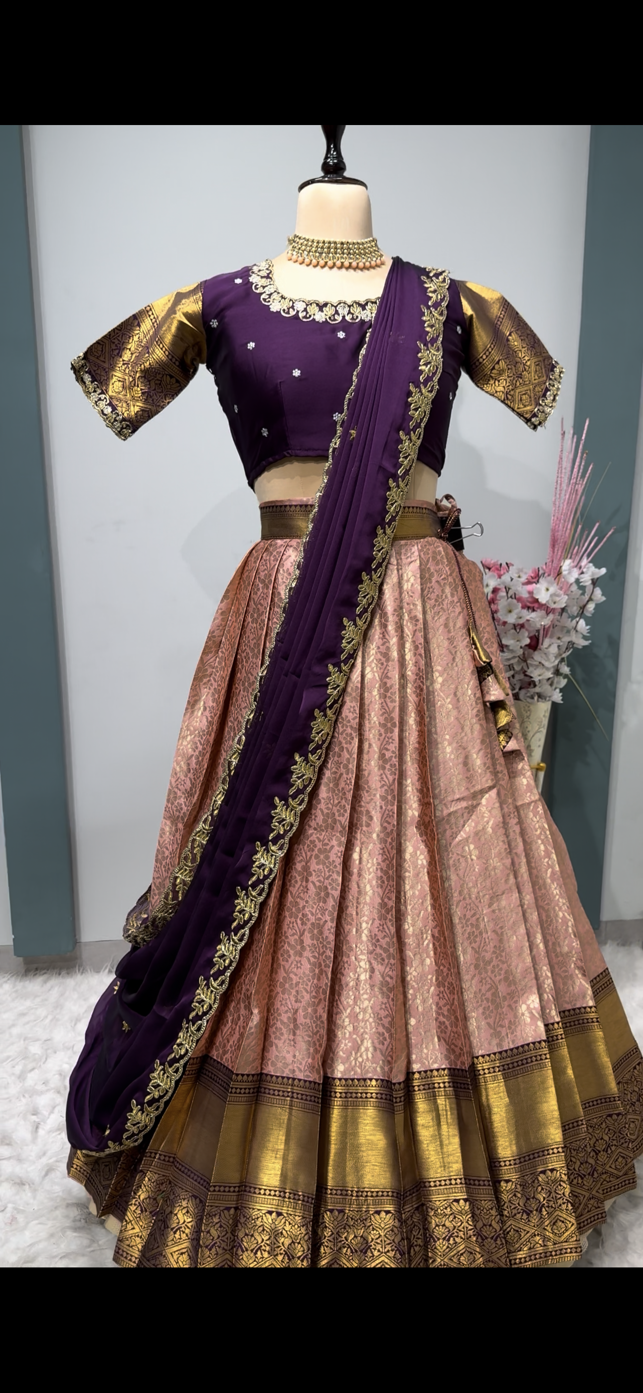 Kanchipuram semi pattu Lehenga with stitched work blouses
