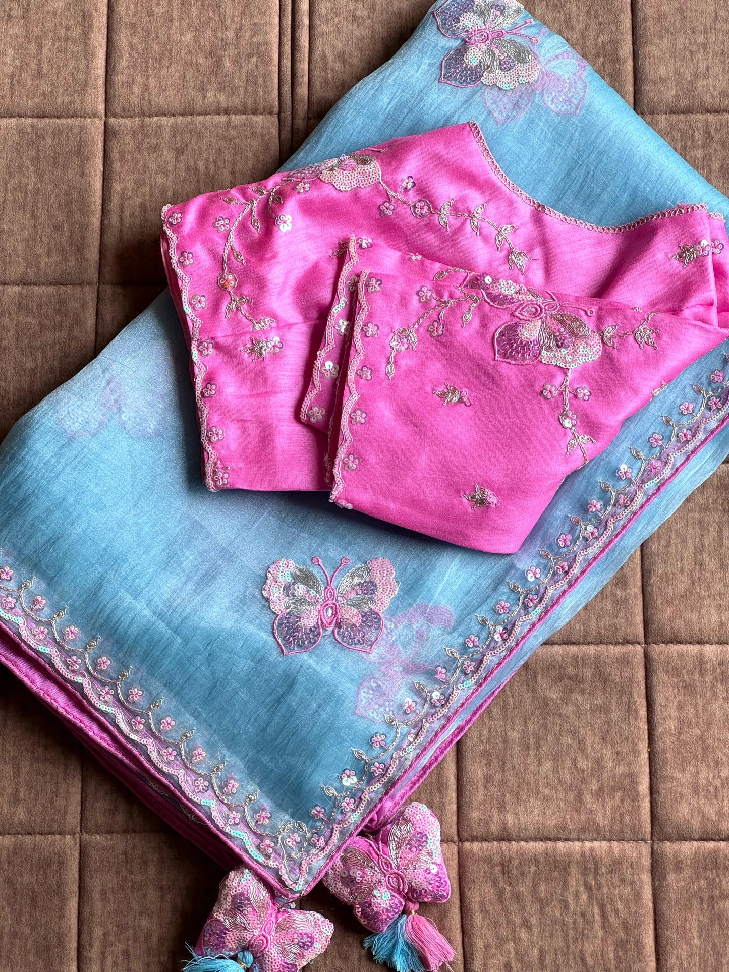Luxe organza coding saree with stitched blouse
