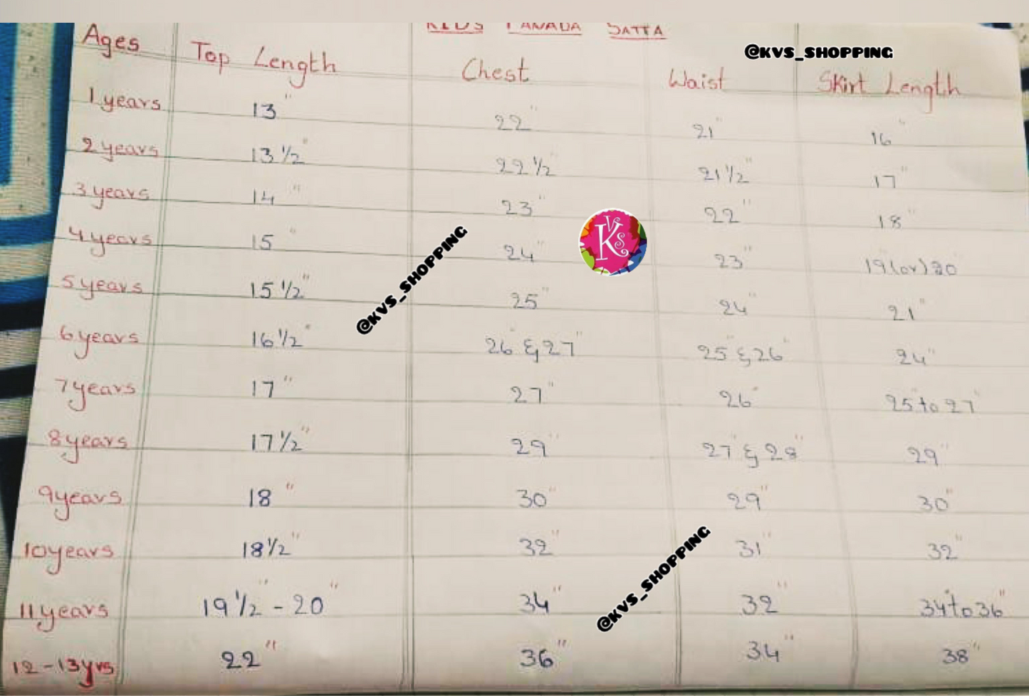 Girls size chart