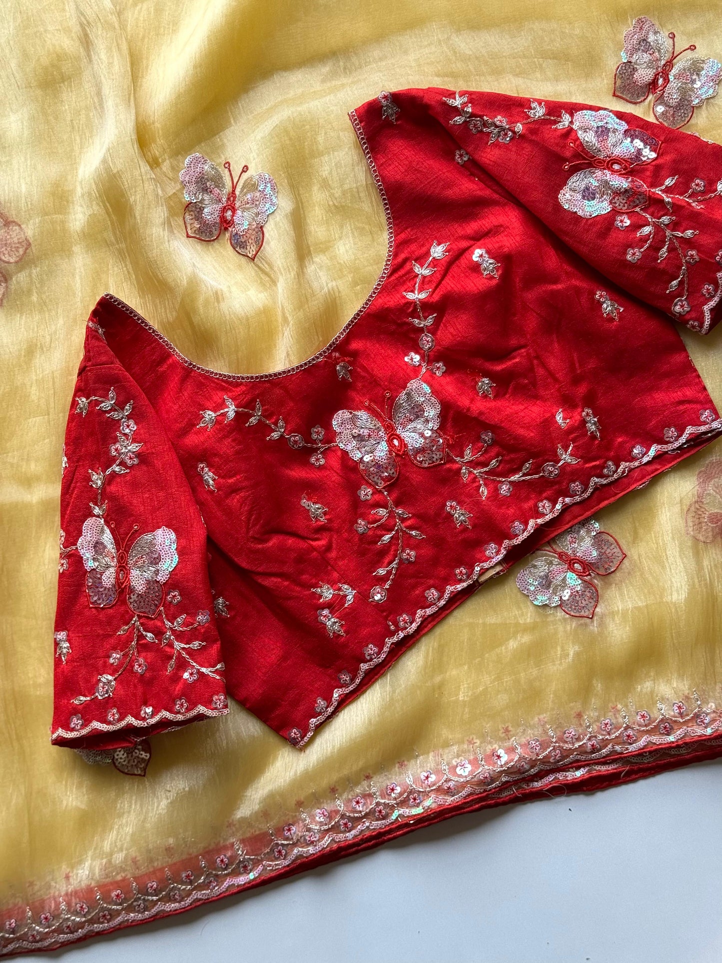 Luxe organza coding saree with stitched blouse