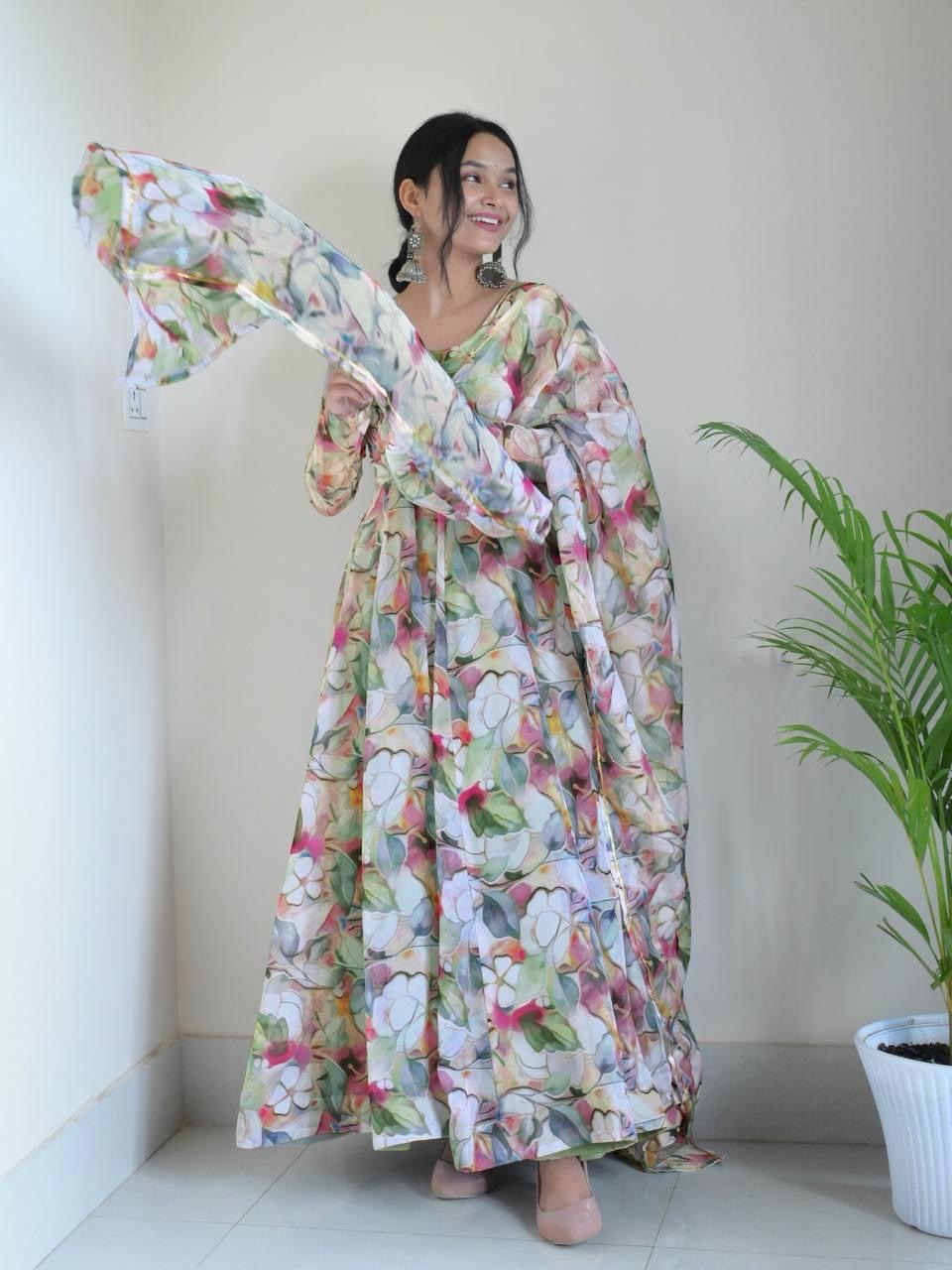 Gown Febrics Organza Taby Silk Heavy Quality Fabric With Digital Print And Full Sleeve