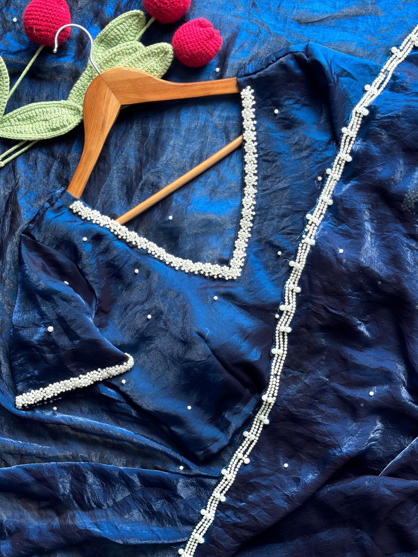 Pearl Work Space Silk Saree with pearl work Stitched Blouse