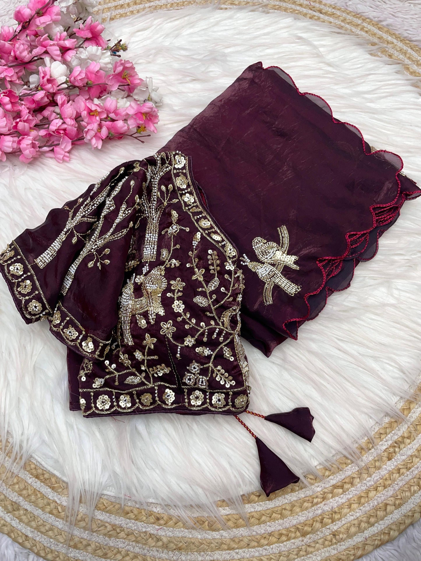 Fendy work silk sarees with stitched desginer work blouse