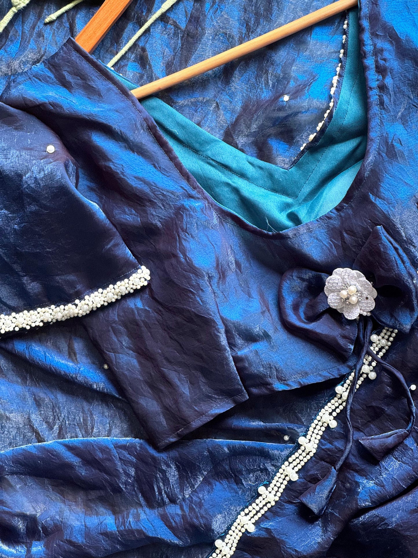 Pearl Work Space Silk Saree with pearl work Stitched Blouse