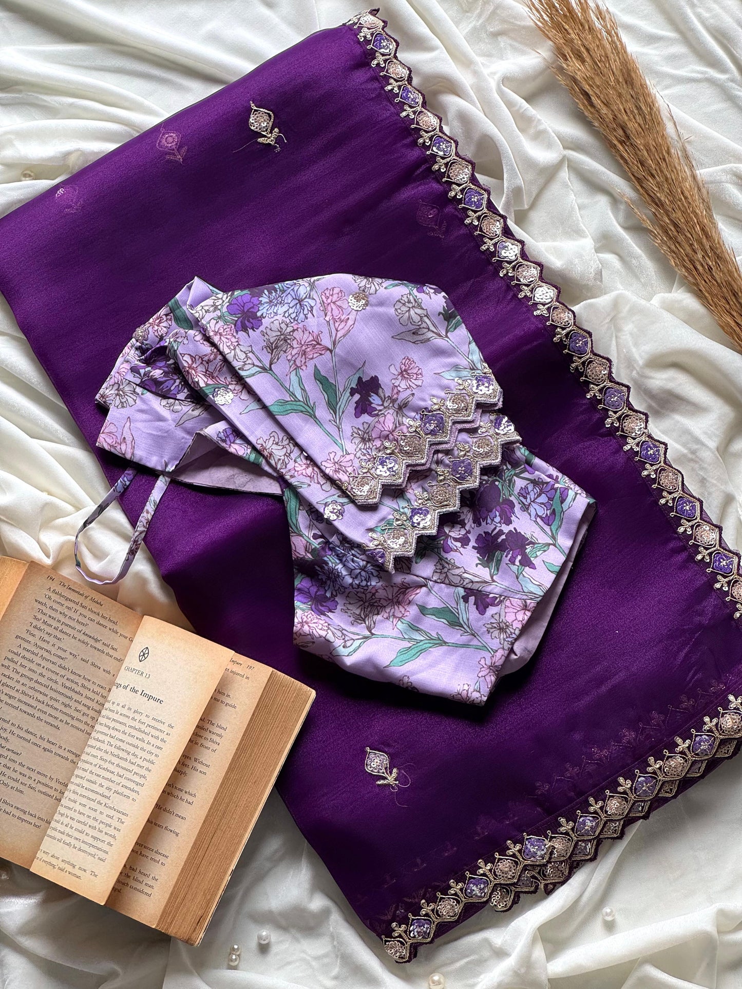 Luxe Premium tissue silk saree with coding work & multi colour sequence With Stitched Blouse