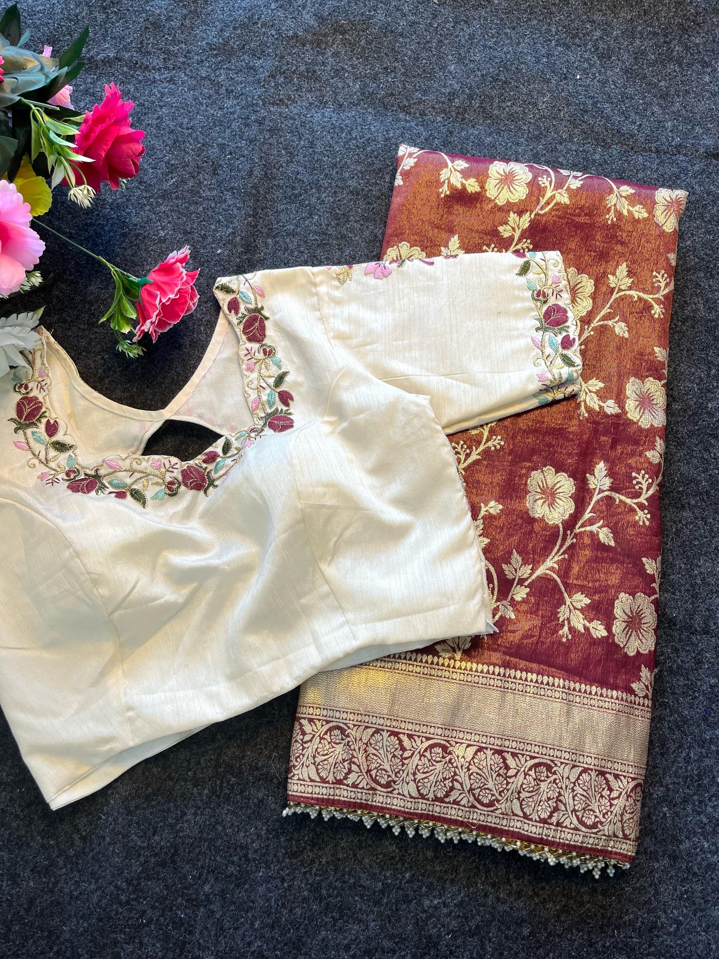 Cosmos stitched work blouse saree