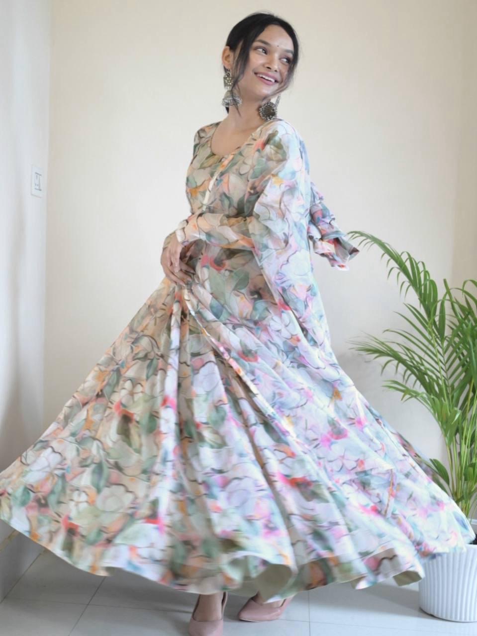 Gown Febrics Organza Taby Silk Heavy Quality Fabric With Digital Print And Full Sleeve