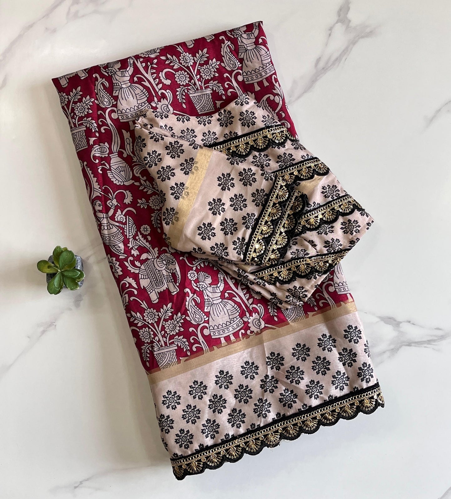 Mul mul Cotton Kalakmari saree stitched blouse