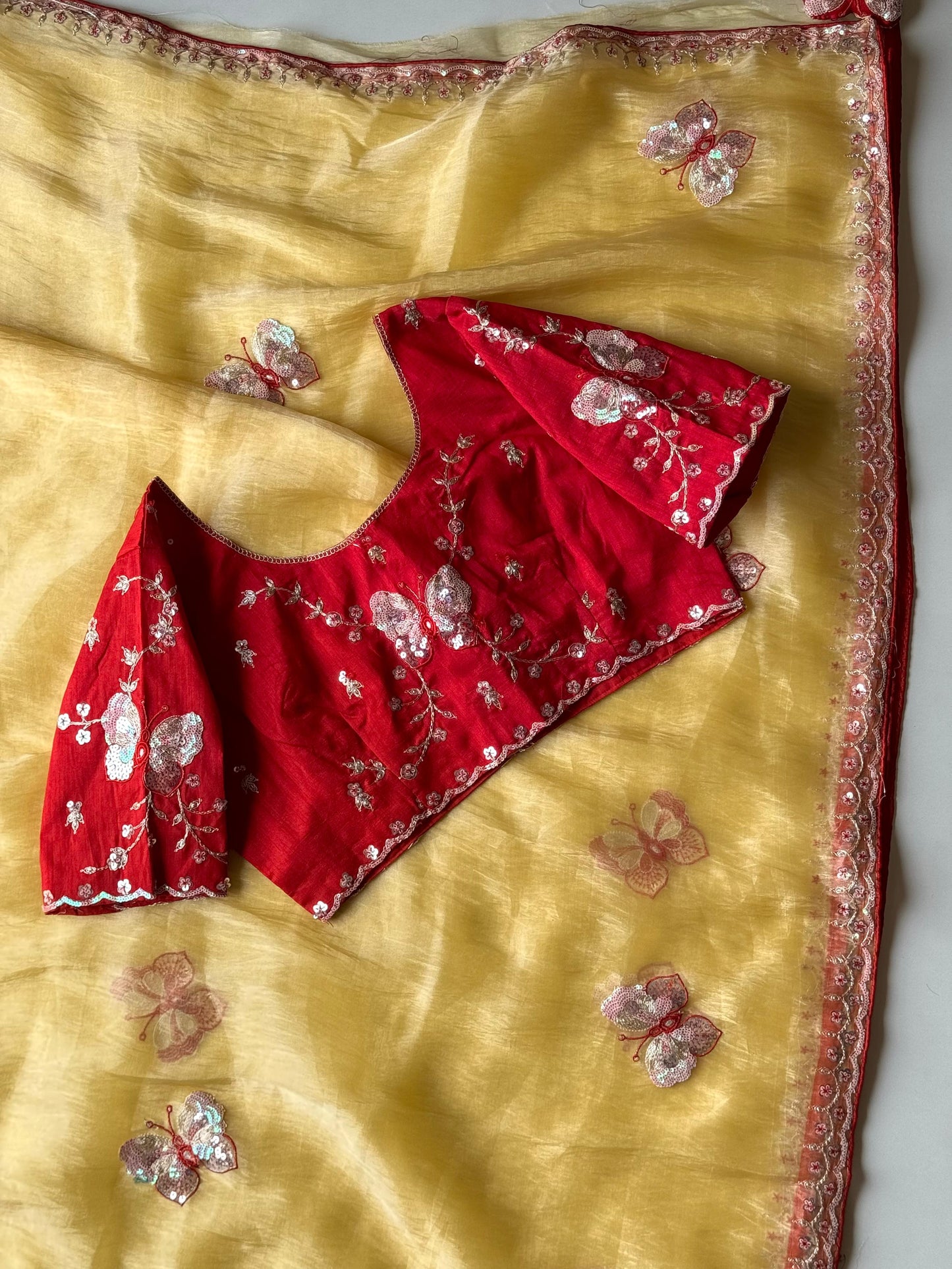 Luxe organza coding saree with stitched blouse
