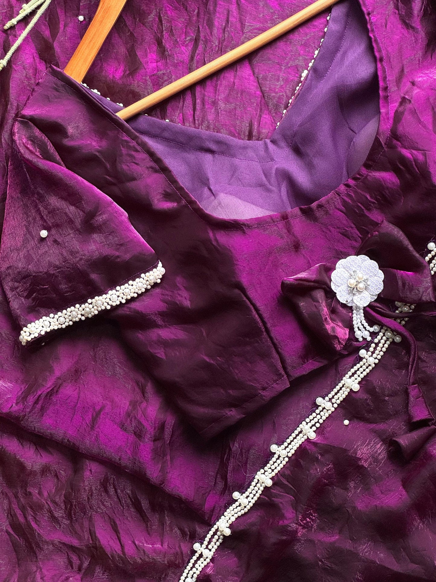 Pearl Work Space Silk Saree with pearl work Stitched Blouse