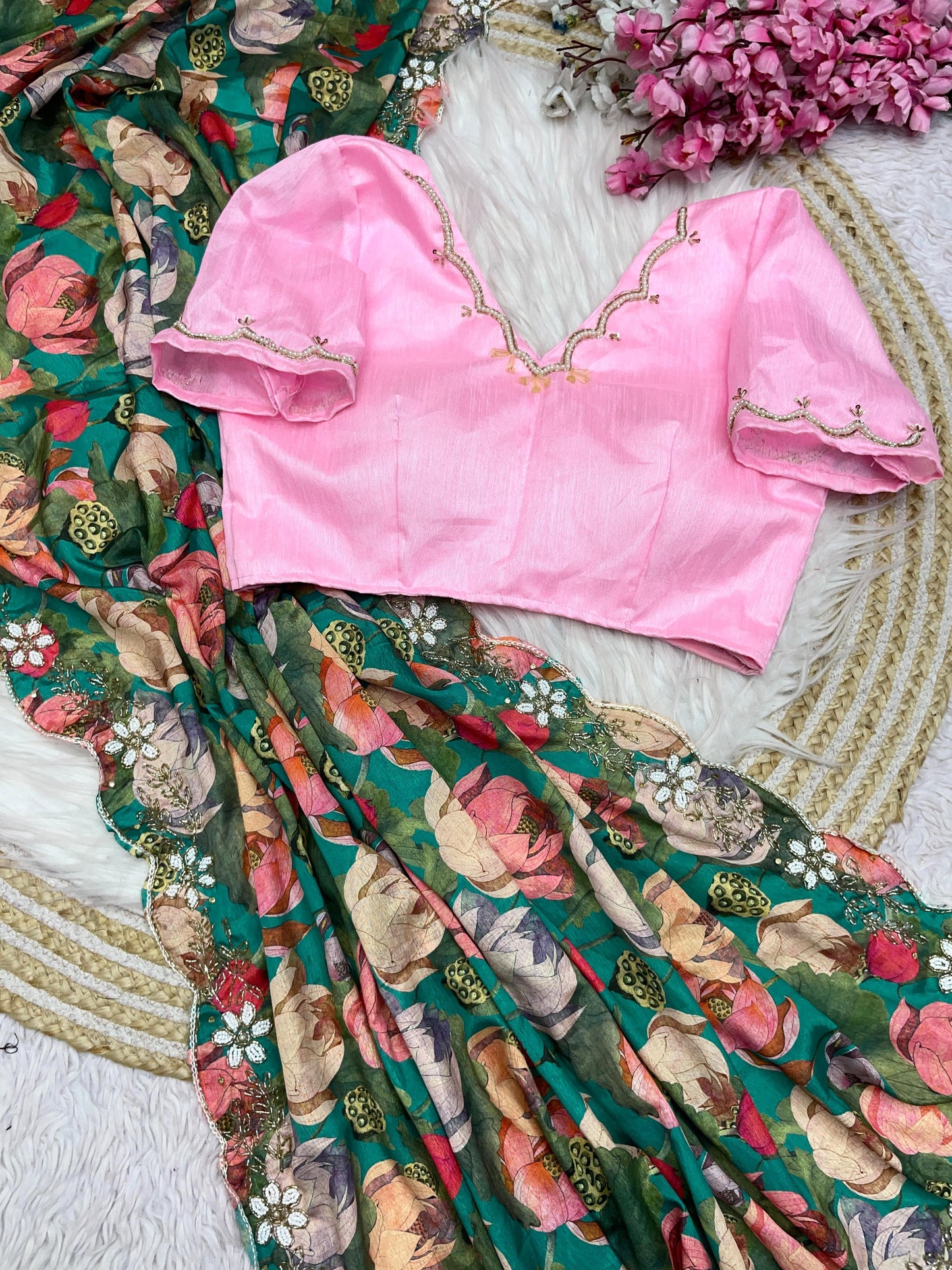Pure Chinon Flower Khadi work saree with stitched blouse