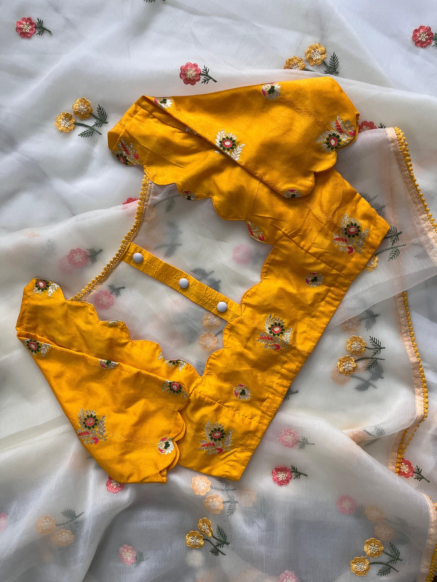 Flower organza saree wirh embroidery stitched blouse