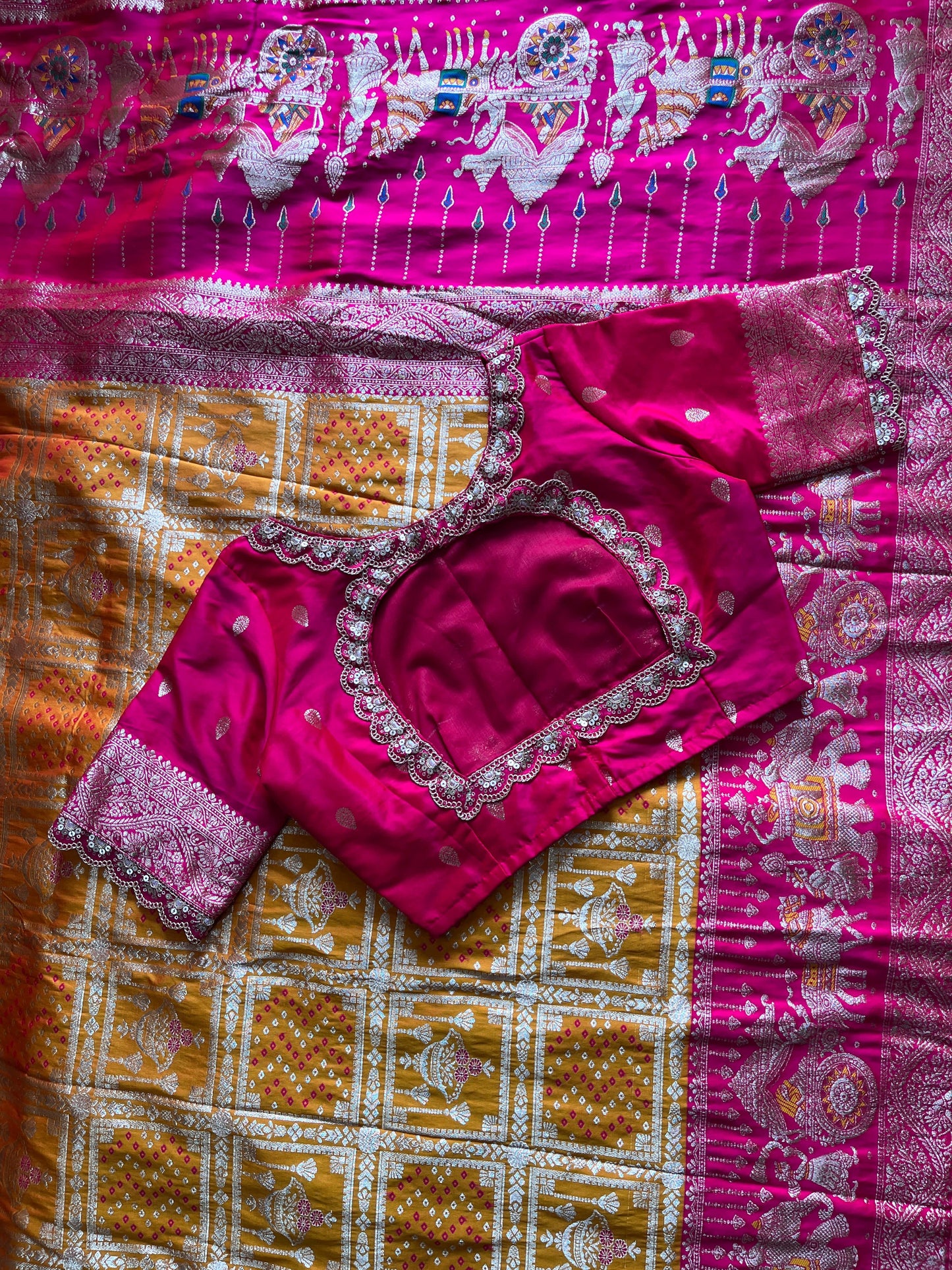 Banarasi Pattu saree with bandhani stitched blouse