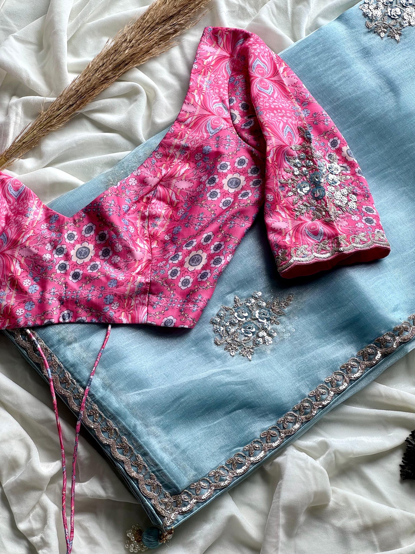 Luxe tissue silk saree with coding work With Stitched Blouse