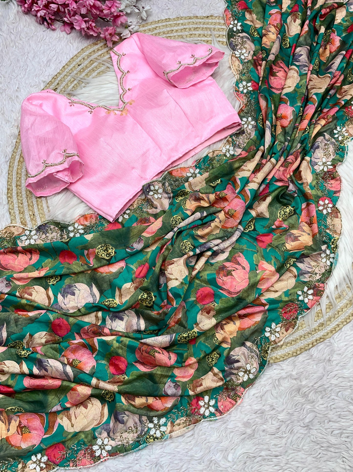 Pure Chinon Flower Khadi work saree with stitched blouse