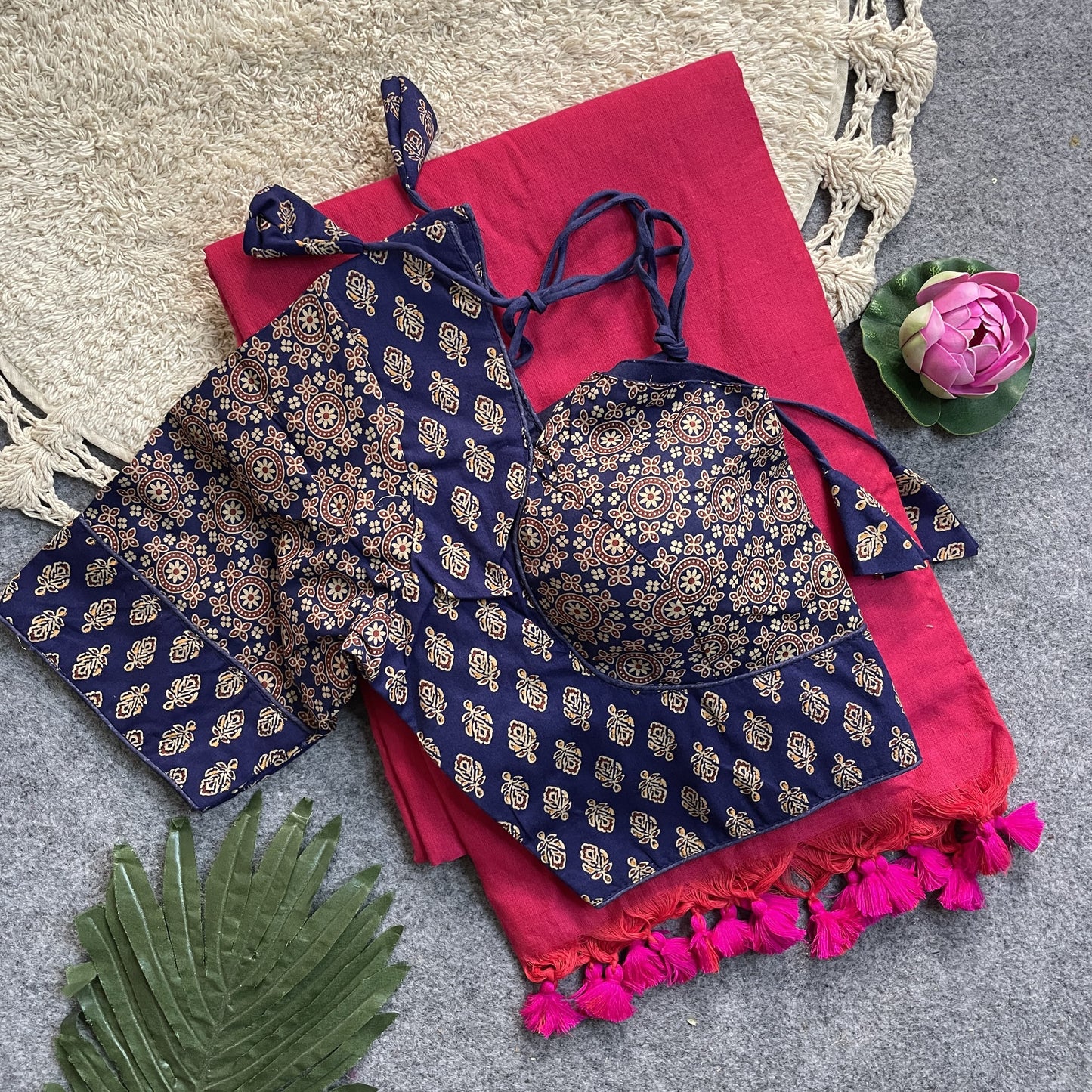 Khadi Cotton saree with Ajrakh stitched blouse