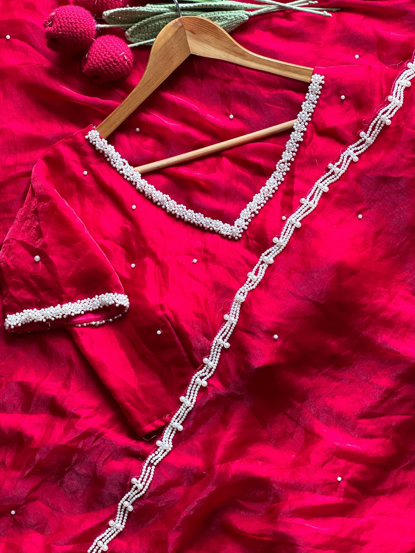 Pearl Work Space Silk Saree with pearl work Stitched Blouse