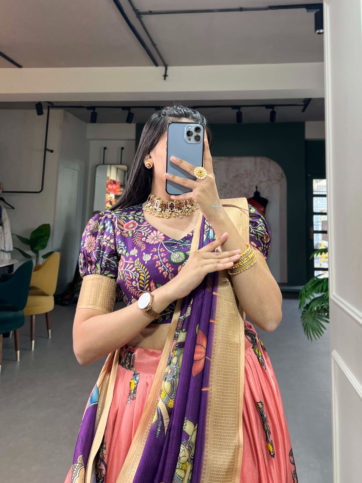 Kalmkari Dola silk Unstitched Lehengas