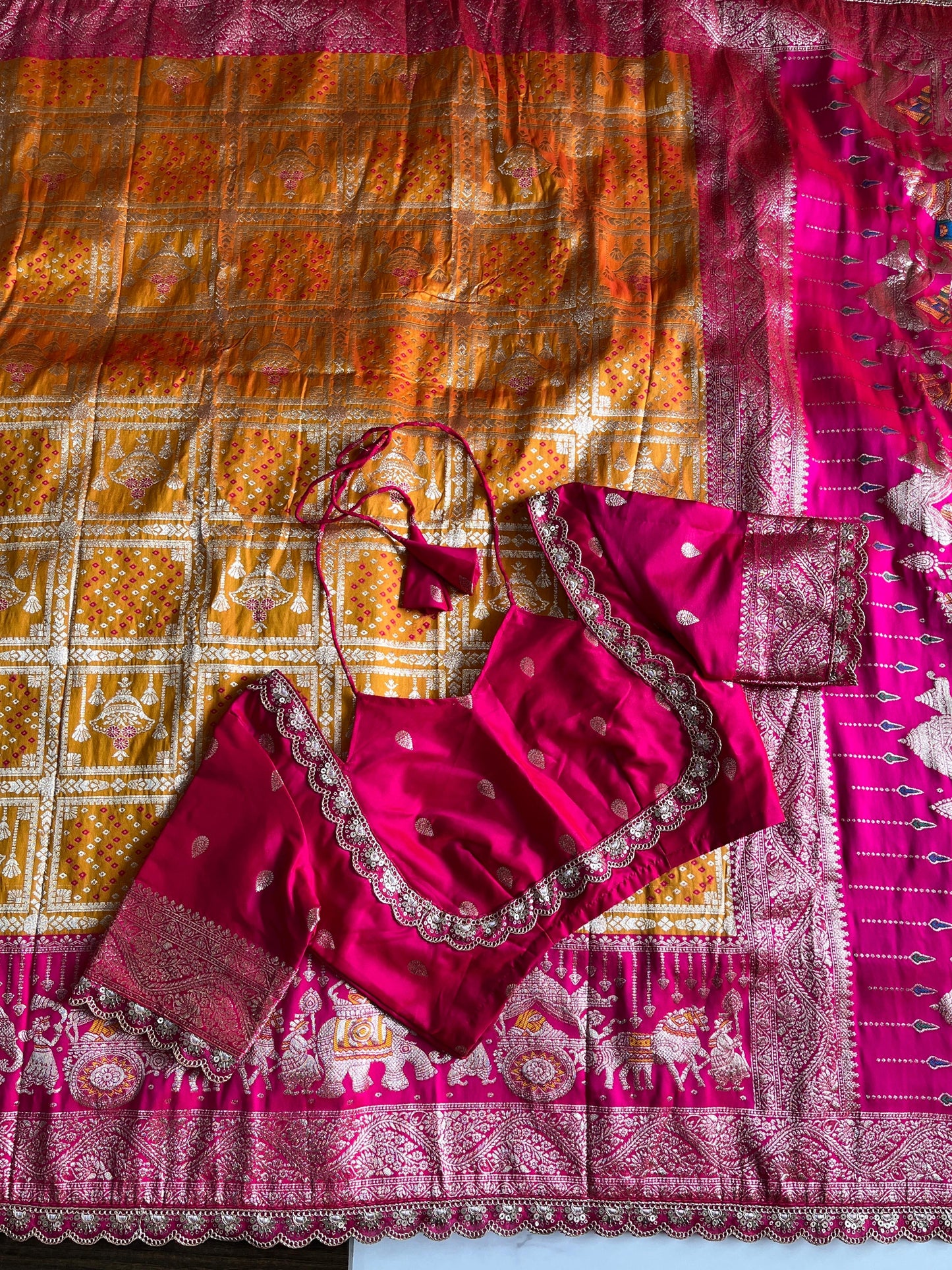Banarasi Pattu saree with bandhani stitched blouse