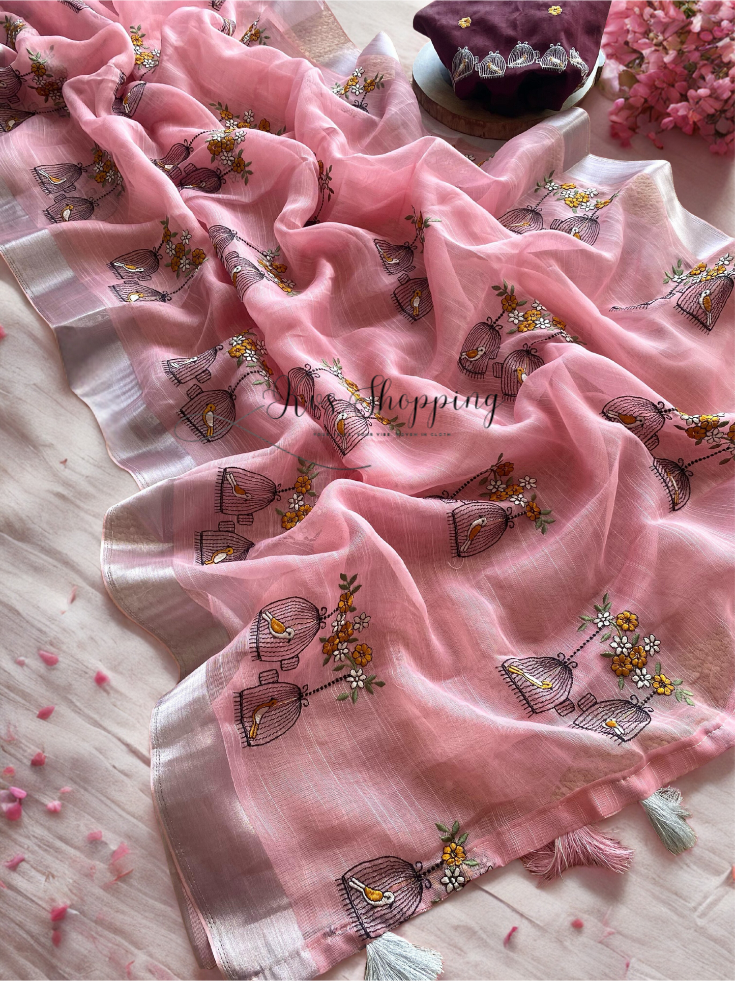 Linen Desginer Embroidered Bird sarees budget (Celebrate inspired)