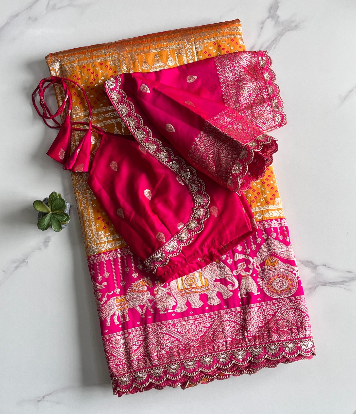 Banarasi Pattu saree with bandhani stitched blouse