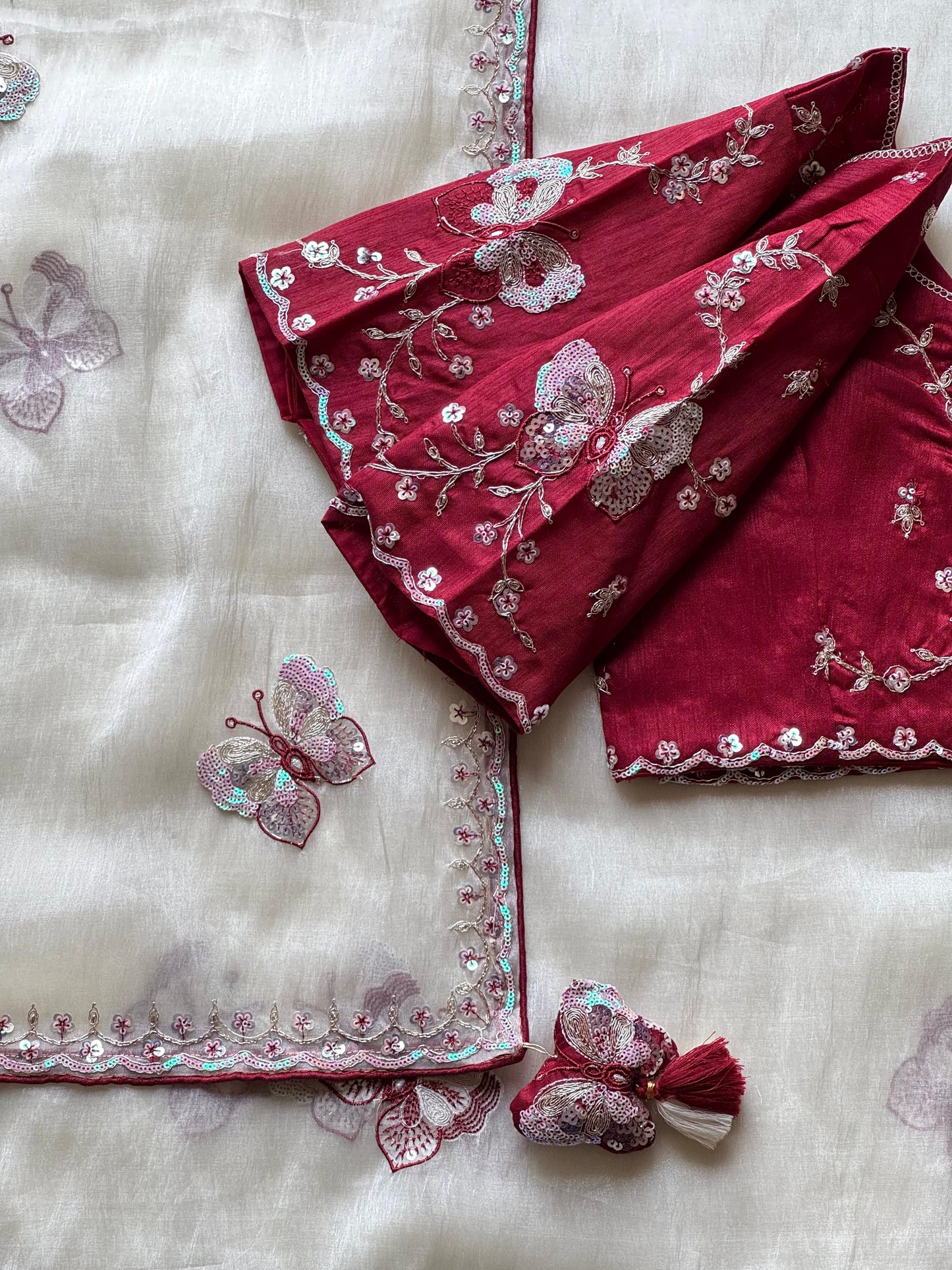 Luxe organza coding saree with stitched blouse
