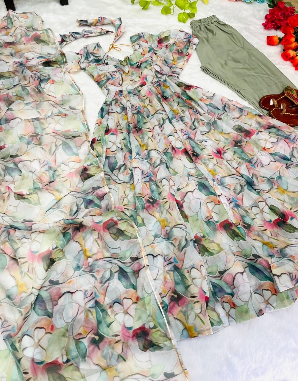 Gown Febrics Organza Taby Silk Heavy Quality Fabric With Digital Print And Full Sleeve