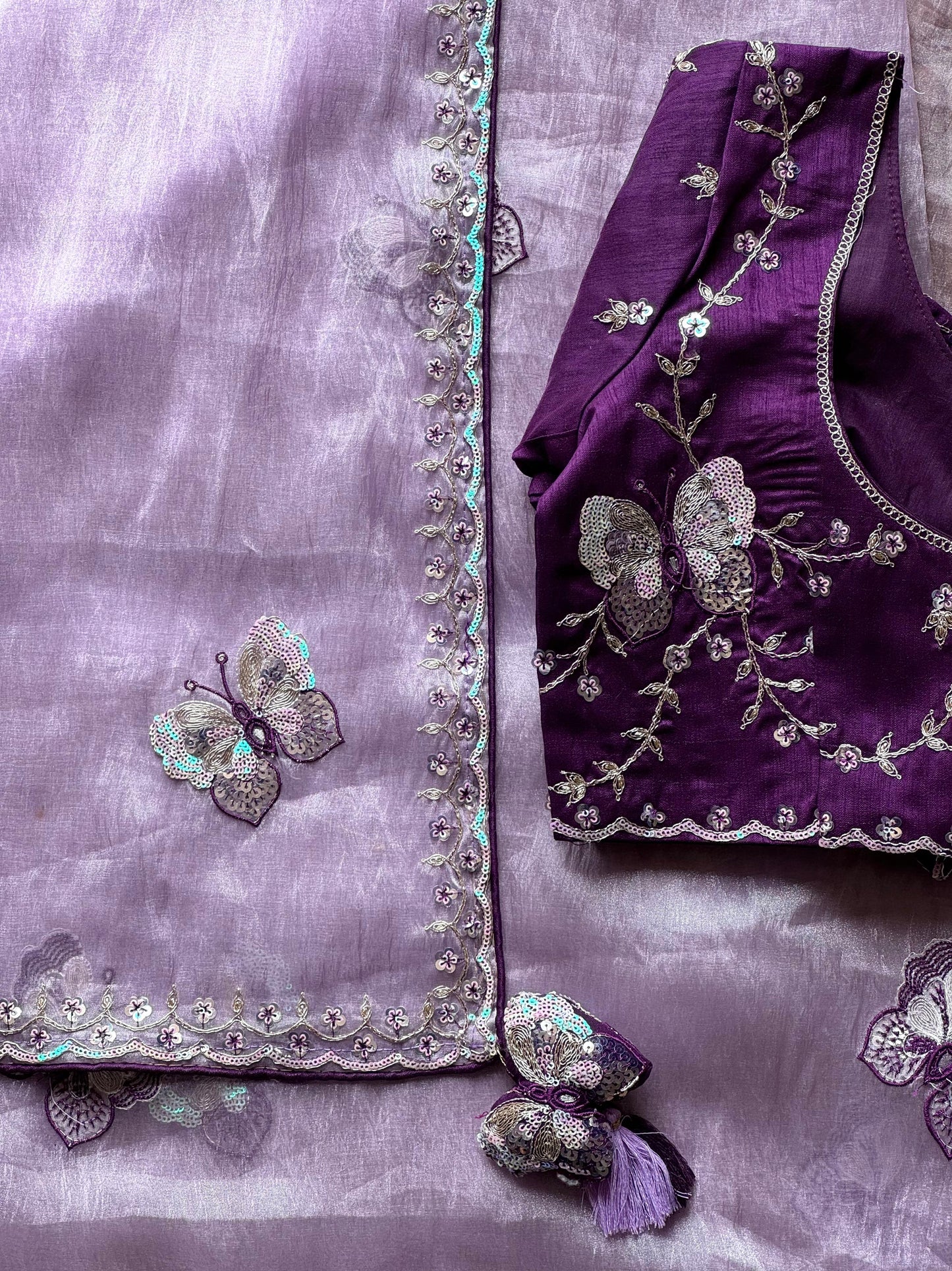 Luxe organza coding saree with stitched blouse